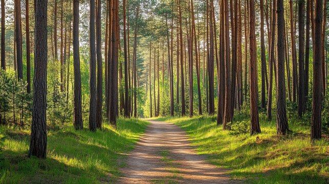Scenic summer forest path sunlight green trees nature view pine calm park walk woods trail image