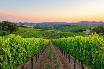 Fototapeta premium Scenic vineyard rows stretching into the sunset landscape