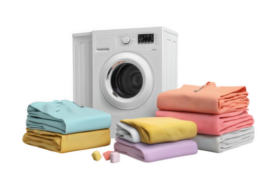 Washing Machine with Piles of Colorful and Pastel Clothes On Transparent Background