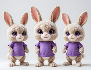 Fototapeta premium Charming 3D illustration of three baby rabbits with big, purple eyes.