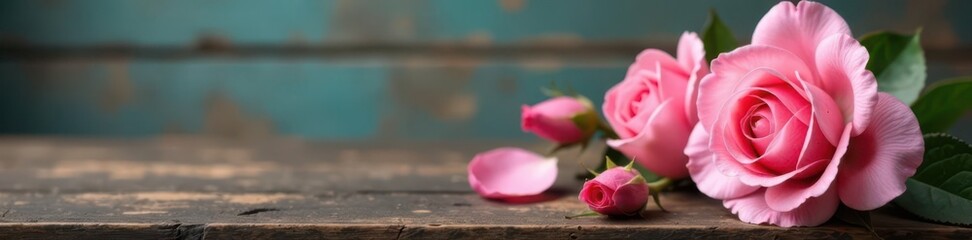 Obraz premium Delicate pink roses, lush petals, soft focus, vintage wooden background , floral, background