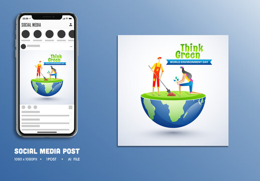 World Environment Day Editable Social Media Post with Illustration of People Planting Trees on Earth for Eco-Friendly Campaign and Think Green Concept.