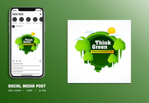 World Environment Day Editable Social Media Post with Green Forest and Sun Illustration for Eco Awareness Campaign.