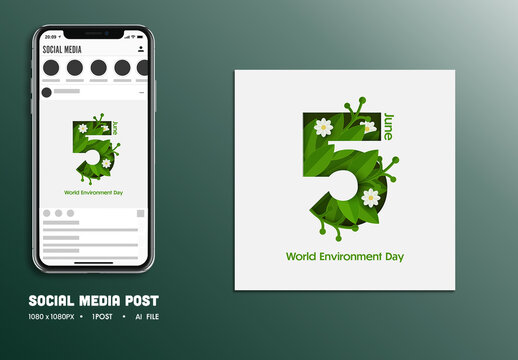 World Environment Day Editable Social Media Post with Artistic Greenery Illustration of 5th June.