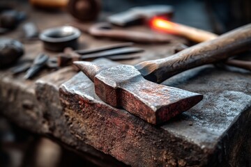 The idea of working in a workshop is exemplified by traditional blacksmiths' tools and hardware, including those used for iron, weapons, and armor