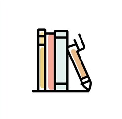 Books and pen on shelf, simple icon graphic, education concept