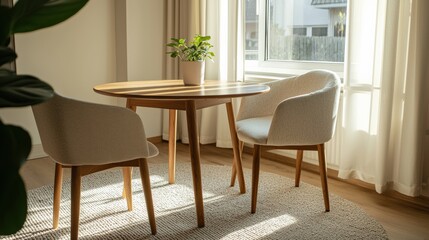 Sunlit dining room with wooden table and houseplants creating cozy atmosphere
