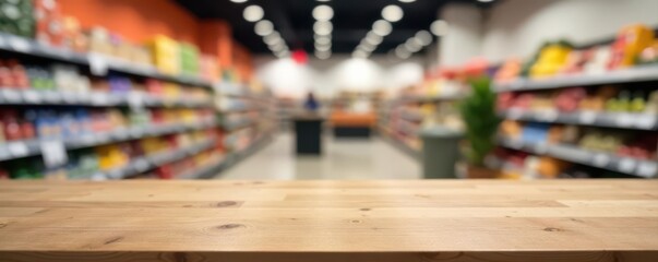 Fototapeta premium Empty light wood table, blurred supermarket backdrop, grocery, wood table