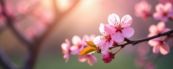 Fototapeta premium Delicate pink cherry blossoms, tranquil garden setting Soft light, floral beauty , light, bloom, peaceful