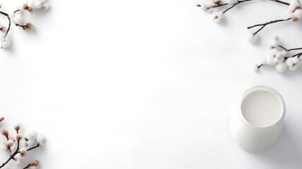 A white ceramic cup filled with milk on a minimalistic white background, surrounded by delicate cotton branches, and clean and serene composition.