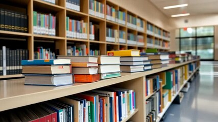 Stacks of books on a wooden shelf in a library with blurred background soft lighting and linear perspective. The books have various colors. The library has a bright and airy atmosphere