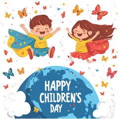 A cute cartoon boy and girl jumping on top of the Earth, wearing colorful with capes behind them, smiling happily, surrounded by butterflies flying in white clouds