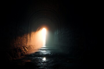 An exploration of an enigmatic light at the end of a dark tunnel, creating a mythical location with cinematic imagery in a mysterious environment.
