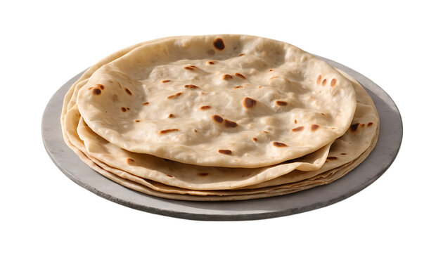 Soft Stack of Freshly Cooked Flatbreads on a Rustic Plate | Chapati isolated on a transparent background | Roti isolated on a transparent background