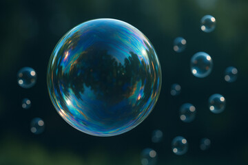 Naklejka premium A vibrant soap bubble with iridescent colors floats in the air against a blurred green background, symbolizing lightness, transience, and natural beauty.