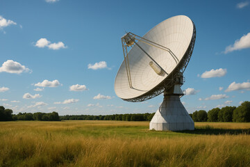 A large white satellite dish stands in an open field with tall grass, set against a blue sky filled with fluffy clouds.