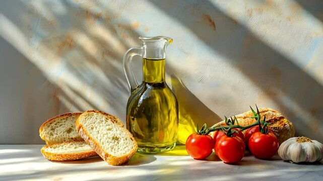 Still life of olive oil, bread, tomatoes, and garlic in warm sunlight.