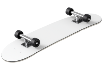 White Skateboard Deck With Black Hardware And Wheels On Transparent Background