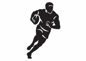 Naklejka premium A powerful rugby player sprinting downfield, focused and determined, in a bold black silhouette against a stark white background.