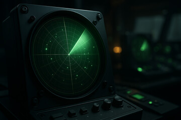 Close-up of a green-lit radar screen showing multiple moving targets in a dark control room, evoking a high-tech atmosphere of surveillance and tracking.