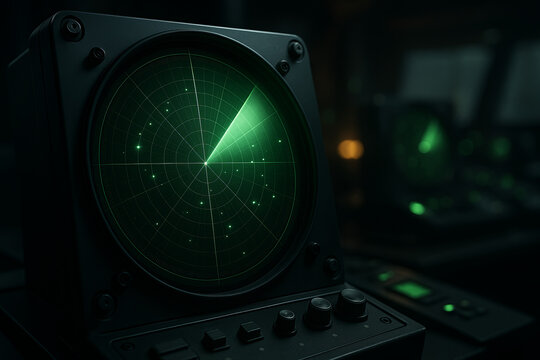 Close-up of a green-lit radar screen showing multiple moving targets in a dark control room, evoking a high-tech atmosphere of surveillance and tracking.