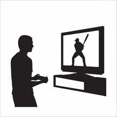 A young man intensely focused on a baseball video game, completely immersed in the virtual action and the thrill of the swing, displayed in stark black silhouettes against a white background.