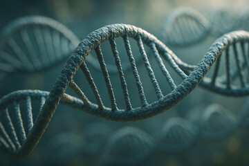 A close-up of a textured DNA double helix structure on a blue-green background.