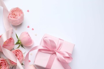 Beautiful pink peony roses with gift box on white background