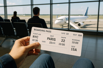Traveler holding a boarding pass in front of an airport window with airplane outside. Ready to fly.