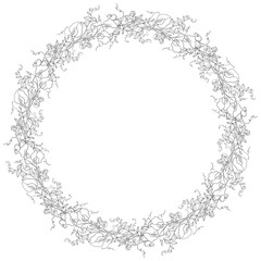 Linear Illustration Of Monochrome Round Wreath With Sweet Pea Flowers