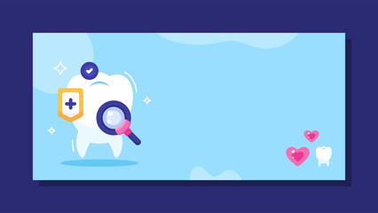 dental clinic banner. dental health check and dental hygiene care. specialist dentist. illustration of clean white teeth with shield and magnifying glass. horizontal blue background. elements