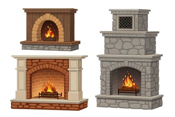 set of fire places campfire isolated on white background