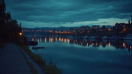 Fototapeta premium The serene waters reflecting city lights at the late evening hour