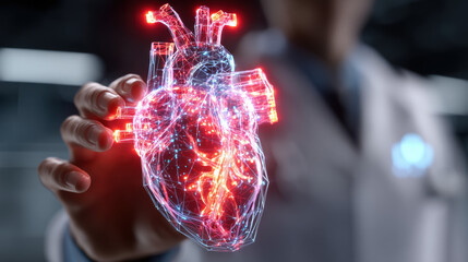 A vivid depiction of doctor holding holographic heart anatomy, ideal for creative, commercial, or editorial purposes.