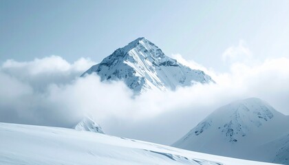 Obraz premium Lonely snow-capped summit piercing through thick clouds, ice-coated ridges gleaming under pale sunlight, vast frozen wilderness