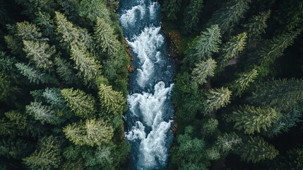 Aerial view of a fast moving river through lush green forest eco top blue down dark pine water trees