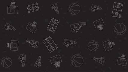 Seamless Basketball Pattern with Court, Ball, Shoes and Geometric Shapes on Black Background