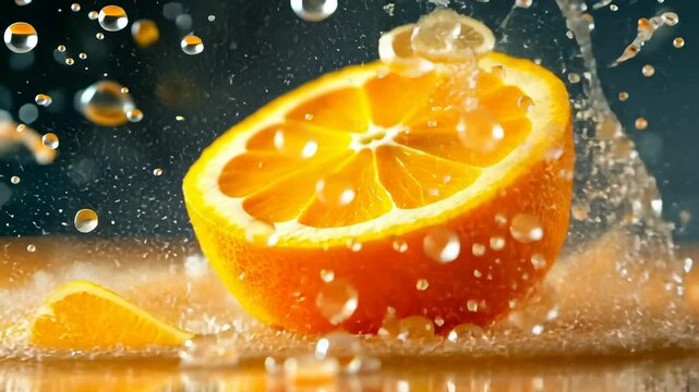 Display fruit, Citrus splash, Orange section. Fruit freshness. Water droplets encase citrus half. Slice freshness enhances visual appeal. Juicy texture supports healthy diet.