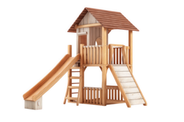 Wooden Two Story Play Structure With Slide And Ladder On Transparent Background