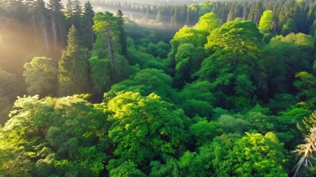 4K Cinematic Aerial Drone View of Misty Forest at Sunrise with Golden Sunlight