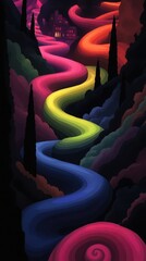 Obraz premium A vibrant, winding river flows through colorful hills towards a distant glowing village.