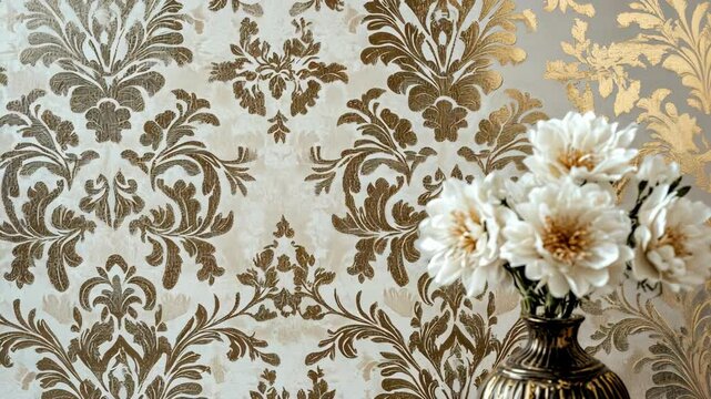 Elegant damask patterned wallpaper with white flowers in a vase. Floral design.