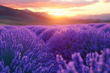 Fototapeta premium Lush lavender field at sunset over rolling hills.