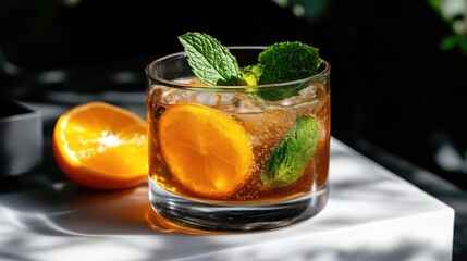 Refreshing orange and mint cocktail in glass