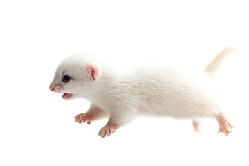 White ferret in motion, showcasing its playful nature. Isolated on transparent background