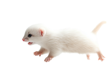 White ferret in motion, showcasing its playful nature. Isolated on transparent background