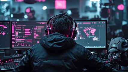 Rear view of person with headphones in front of multiple monitors displaying data and neon pink and blue lights in a dark room - Powered by Adobe