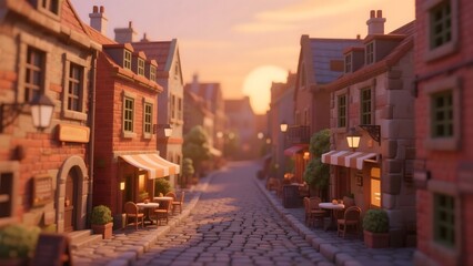 Fototapeta premium A small town street with a few shops and restaurants. The sun is setting, casting a warm glow on the buildings. The atmosphere is cozy and inviting, with the brick buildings