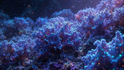 Fototapeta premium Glowing cybernetic coral drifts in an underwater chasm, displaying fractal patterns and chrome accents.