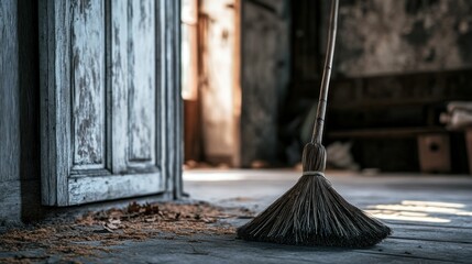 A rustic straw broom leans near a slightly open wooden door